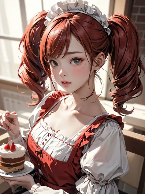 a 16 year old redheaded girl with twin tails,gentle expression,strawberry-themed gothic lolita maid costume,serving cake on a tr...