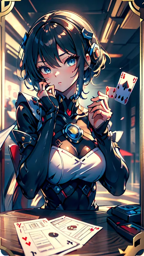 Cards，There are many cards floating in the sky，Girl holding cards，Girl holding a card，Big butt，Wide hips，Big Ass，Fantasy style，M...
