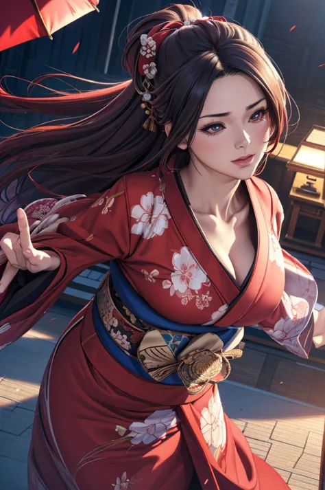 1woman,red kimono,flying,huge hair,(best quality,4k,8k,highres,masterpiece:1.2),ultra-detailed,(realistic,photorealistic,photo-r...