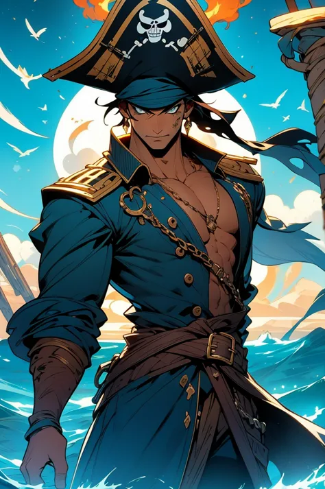 pirate king, king of thieves, male pirate captain, male pirate commander, extremely musculair pirate