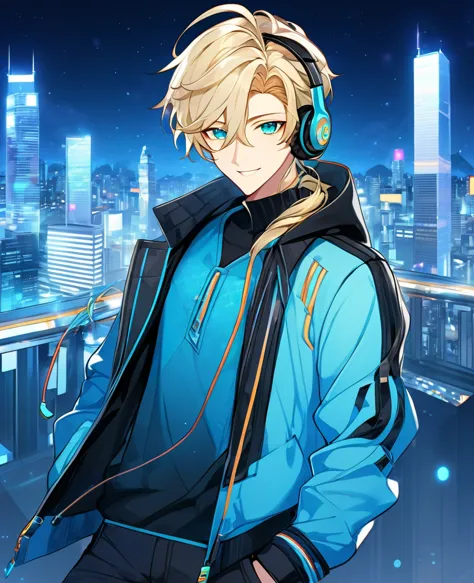 (blonde_hair),(medium_male_hair), (cyan_vibrant_eyes), (detailed_eyes), (warm_smile), (attractive), (background_colorful_night_c...