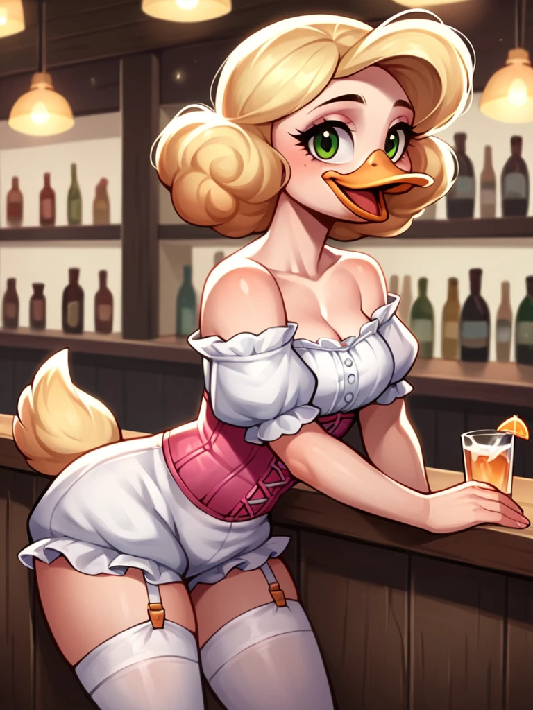 score_9, score_8_up, score_7_up, score_6_up,score_5_up,score_4_up,, 1girl,goldie o'gilt, ducktales, beak, duck, green eyes, eyebrows, blonde hair, mature female, eye bags, eyelashes, scut tail, white skin, orange legs, cute, sexy,  hud_vtg_ling, pink corset, bloomers, garter straps, puffy sleeves, blouse, off shoulder, jewelry, white thighhighs, standing behind counter,  bar,  laughing at you, leaning forward, in a bar,  crowded, dark, hazy, low light, wild west, ZPDXL, 