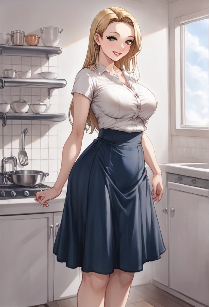 detailed illustration (side view),dynamic angle,ultra-detailed, illustration, pose for the camera, smiling at viewer, clean line art, shading, anime, 2020’s anime style, detailed eyes, detailed face, beautiful face,

Anime, 2d anime, cartoon anime, detailed illustration, dynamic angle, ultra-detailed, illustration, full body shot, 1girl,  1950’s stay at home wife, button up blouse and long skirt, anime half closed eyes. A knowing smile, standing in kitchen, domestic goddess, blonde white American woman, well endowed, wholesome yet sexy 