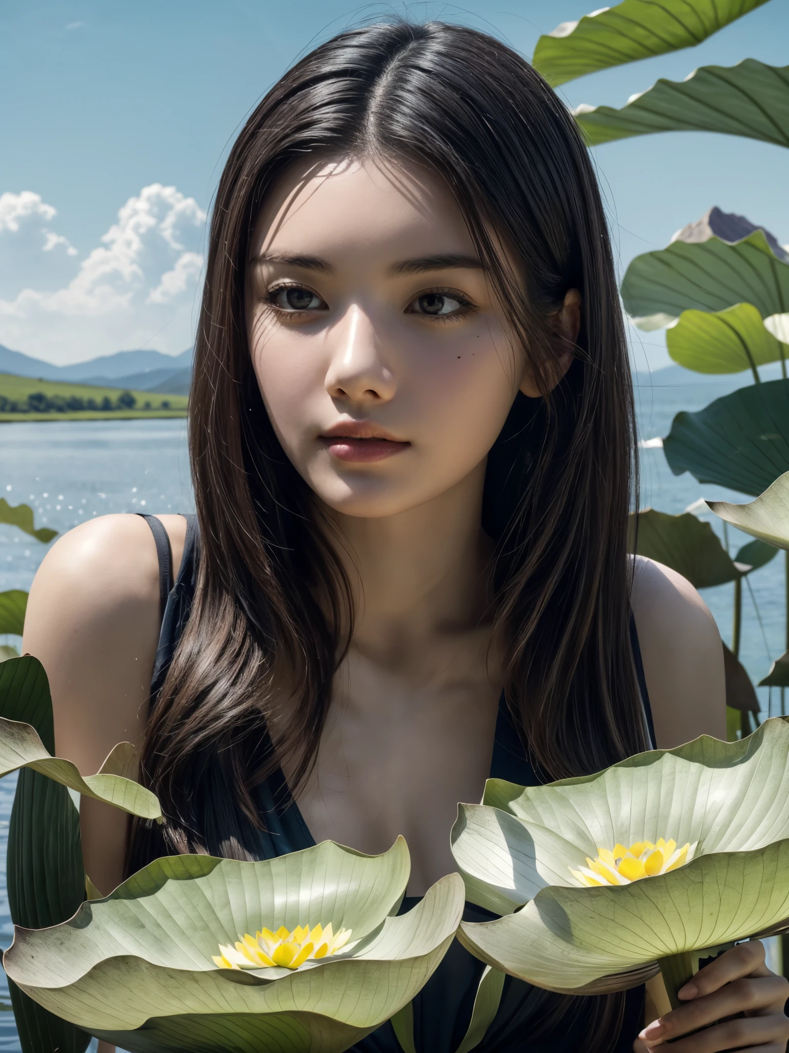 1girl, seiza on huge lotus leaf, huge leaf, detailed face, looking at viewer, lotus lake, horizon, hills, cloud, aesthetic, scenery, cityscpae, (best quality, high resolution, materpiece:1.2), (realistic, photorealistic:1.3), sharp focus, professional color grading, vivid colors, immersive, dreamy ambience, sophisticated style, elegant, lush, gihantic breasts,