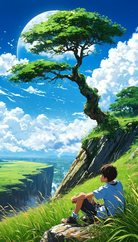 a boy sitting under a big tree near a cliff ,leftovers from the tree, seeing a vast blue sky with white fluffy clouds and bright...