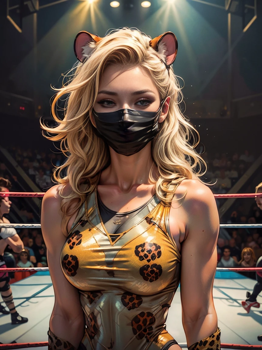 (Female wrestler wearing a cheetah mask:1.8)、a muscular build、6 Pack Abs、Dramatic wrestling outfit complete with cheetah tail、On the wrestling ring stage under the spotlight、Detailed portrait、(Highest quality、4K、8K、High resolution、masterpiece:1.2)、Super detailed、(Real、Photorealistic、Photorealistic:1.37)、Dynamic action poses、Dynamic lighting、Cinematic composition、Highly detailed facial features、Highly detailed eyes and face、Long eyelashes、Chiaroscuro Lighting、Dramatic Shadows、Striking color palette、Bright colors、