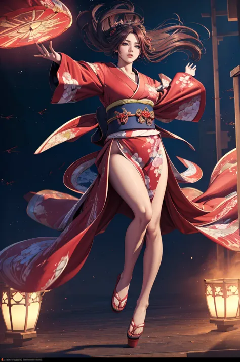 1woman,((((fullbody image)))),red kimono,((((flying)))),huge hair,jumping(best quality,4k,8k,highres,masterpiece:1.2),ultra-deta...