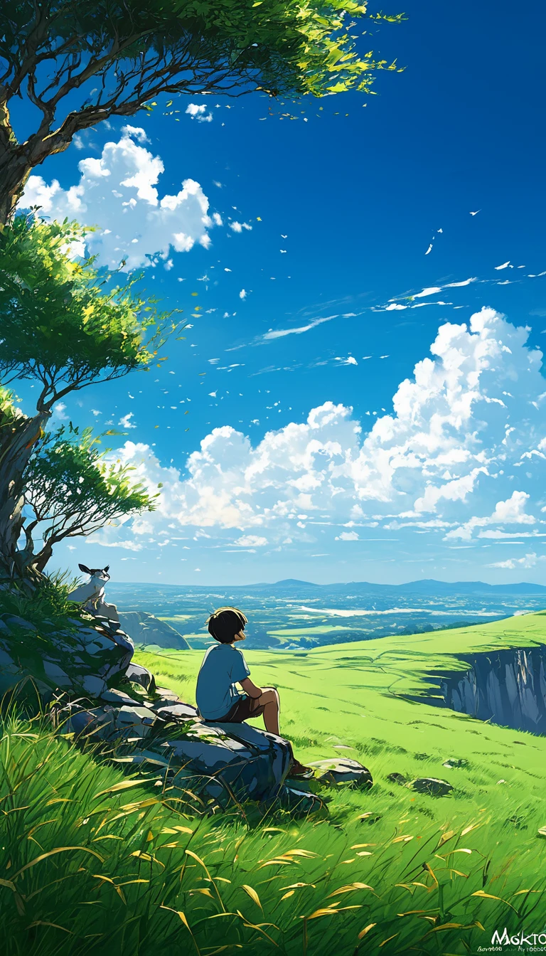 a boy sitting under a tree near a cliff in a meadow , seeing a vast blue sky with fluffy clouds and brush strokes , tall grasses stones, , makoto shinkai cyril rolando, anime art wallpaper 4k, anime art wallpaper 4k, animated background, anime art wallpaper 8K, animated background art, Anime Landscape Wallpaper, amazing wallpaper, HD wallpaper, 4k anime wallpaper, 4k anime wallpaper, Aries Moross art,art by Bob Byerley , AshleyWoodArtAI, greg rutkowski
