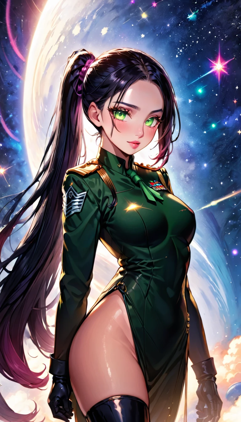 "Create an image of a beautiful female soldier named Lin Wei. She is tall and slender, about 170 centimeters in height, with an oval face, sparkling green eyes, finely shaped eyebrows, a slightly prominent nose, and soft pink lips. She has long, shiny black hair tied in a high ponytail. Lin Wei is wearing a perfectly fitting military uniform that highlights her strength and elegance, along with high boots.

Lin Wei is standing on a spaceship, with a vast expanse of space filled with twinkling stars as the backdrop. She looks directly at the camera with confidence and grace. The background should convey the grandeur and vastness of the universe."