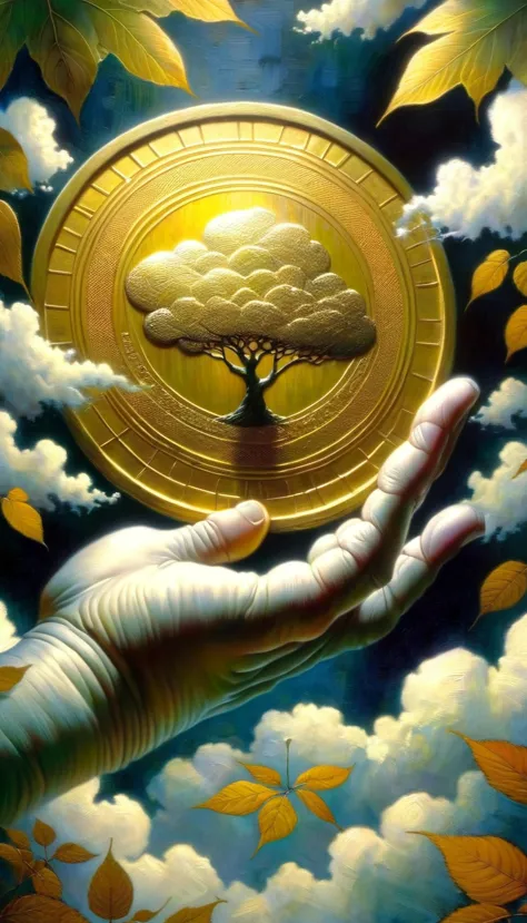 Over a leafy garden, a hand emerges from a cloud carrying a giant gold coin.(art inspired by Dave Mckean, intricate details, oil...
