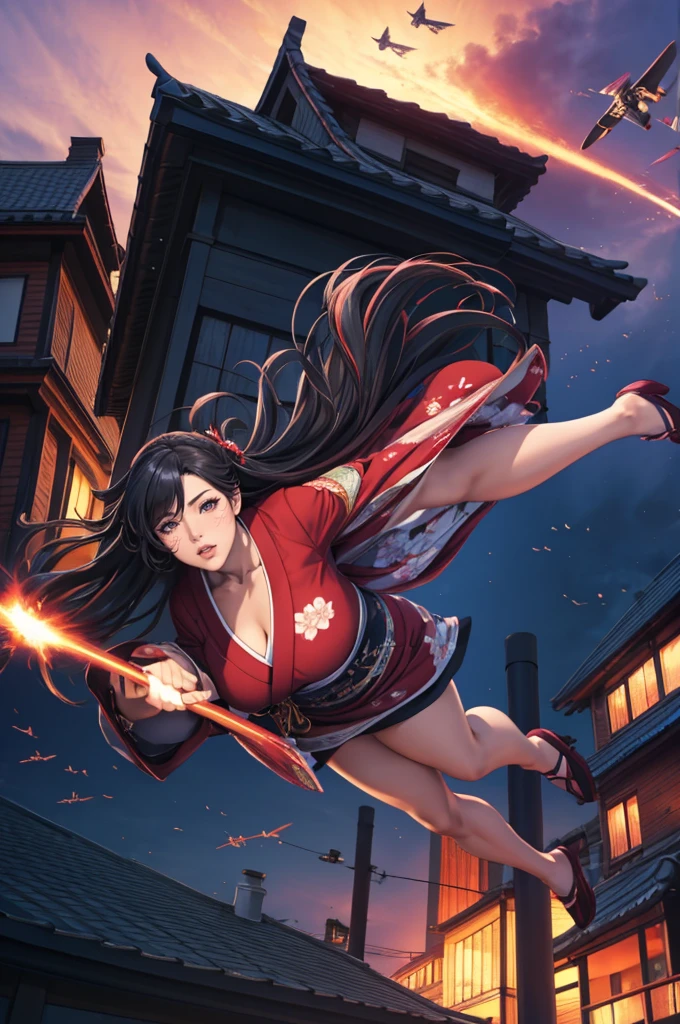 1woman,((((fullbody image)))),red kimono,((((flying)))),(((((flying over houses))))),huge hair,jumping(best quality,4k,8k,highres,masterpiece:1.2),ultra-detailed,(realistic,photorealistic,photo-realistic:1.37),detailed face,beautiful eyes,elegant pose,intricate kimono patterns,flowing hair,dramatic lighting,cinematic composition,vibrant colors,fantasy,digital art
