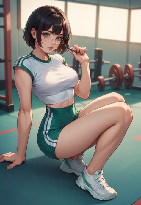 1 girl, a sexy female, green eyes, bob hair, wearing glasses, wearing gym clothes, sixpack, realistic, high detail, dramatic, fu...