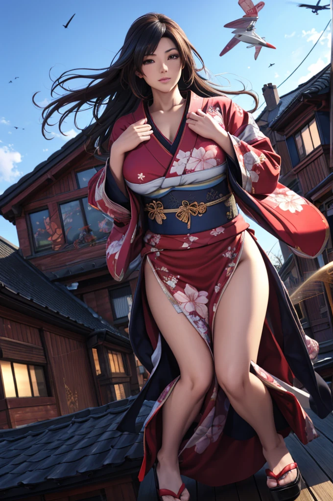 1woman,((((fullbody image)))),red kimono,((((flying)))),(((((flying over houses))))),huge hair,jumping(best quality,4k,8k,highres,masterpiece:1.2),ultra-detailed,(realistic,photorealistic,photo-realistic:1.37),detailed face,beautiful eyes,elegant pose,intricate kimono patterns,flowing hair,dramatic lighting,cinematic composition,vibrant colors,fantasy,digital art
