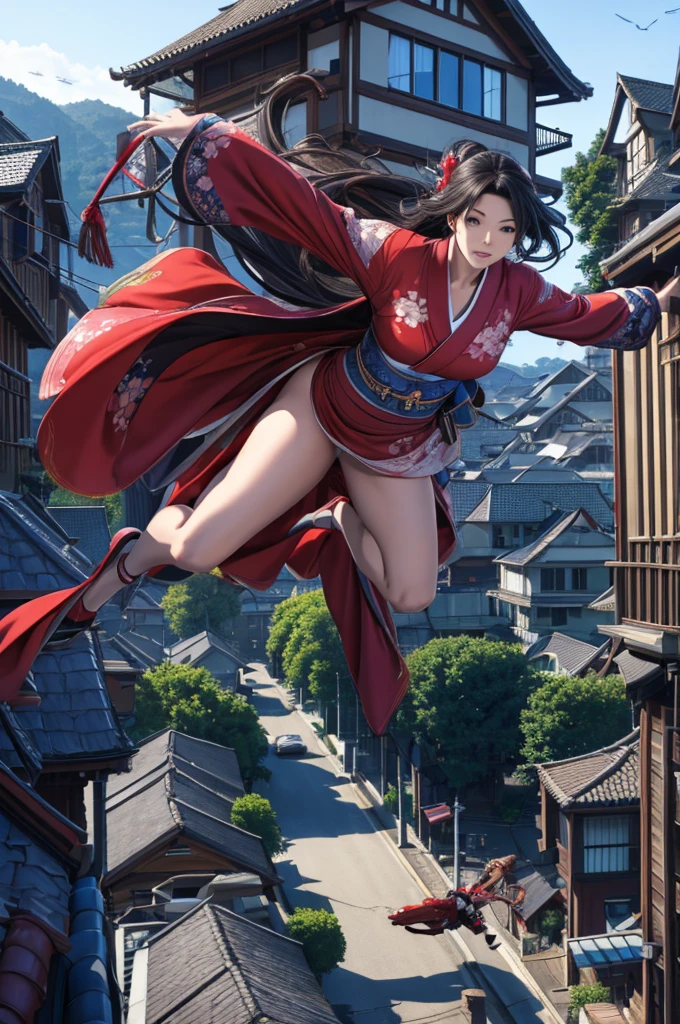 1woman,((((fullbody image)))),red kimono,((((flying)))),(((((flying over houses))))),huge hair,jumping(best quality,4k,8k,highres,masterpiece:1.2),ultra-detailed,(realistic,photorealistic,photo-realistic:1.37),detailed face,beautiful eyes,elegant pose,intricate kimono patterns,flowing hair,dramatic lighting,cinematic composition,vibrant colors,fantasy,digital art
