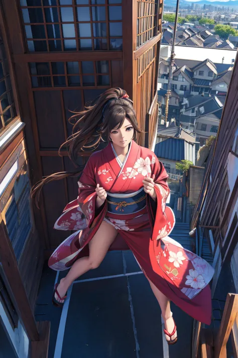 1woman,((((fullbody image)))),red kimono,((((flying)))),(((((flying over houses))))),huge hair,jumping(best quality,4k,8k,highre...