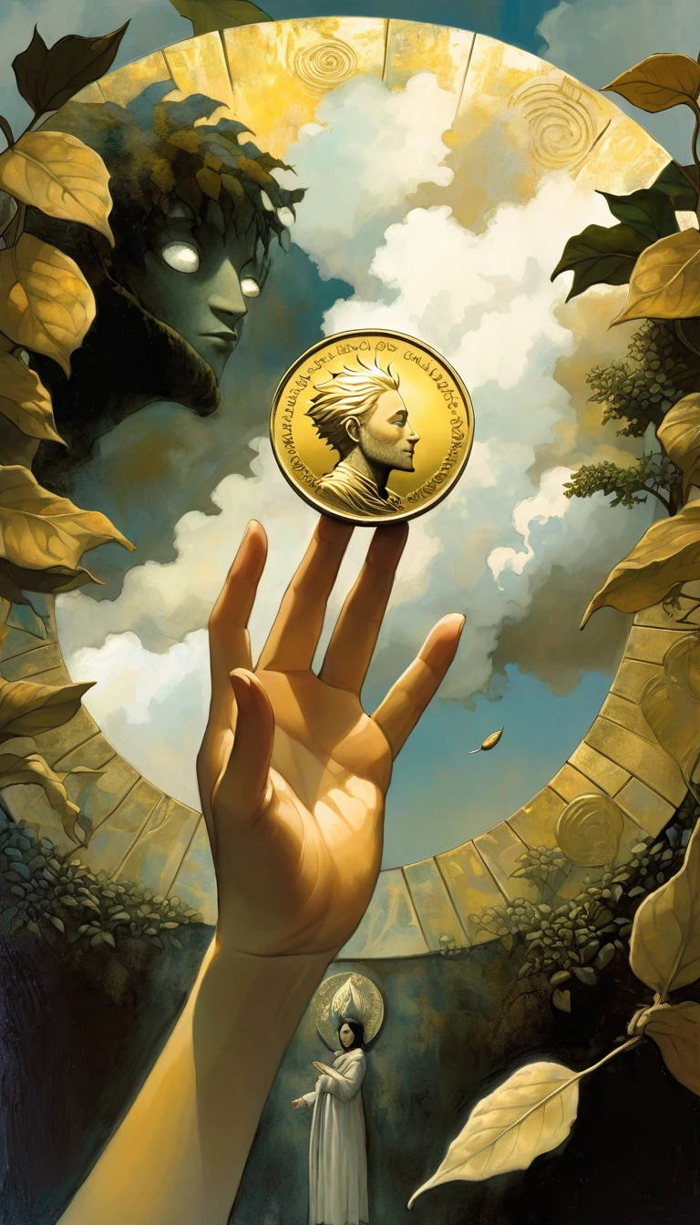 Over a leafy garden, a hand emerges from a cloud carrying a giant gold coin.(art inspired by Dave Mckean, intricate details, oil painting)
