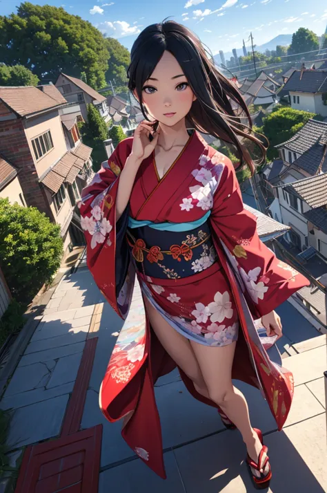 1woman,((((fullbody image)))),red kimono,((((flying)))),(((((flying over houses))))),huge hair,jumping(best quality,4k,8k,highre...