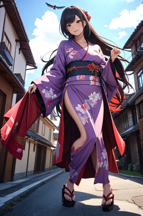 1woman,((((fullbody image)))),red kimono,((((flying)))),(((((flying over houses))))),huge hair,jumping(best quality,4k,8k,highre...