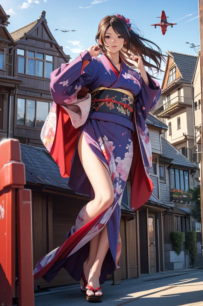 1woman,((((fullbody image)))),red kimono,((((flying)))),(((((flying over houses))))),huge hair,jumping(best quality,4k,8k,highres,masterpiece:1.2),ultra-detailed,(realistic,photorealistic,photo-realistic:1.37),detailed face,beautiful eyes,elegant pose,intricate kimono patterns,flowing hair,dramatic lighting,cinematic composition,vibrant colors,fantasy,digital art
