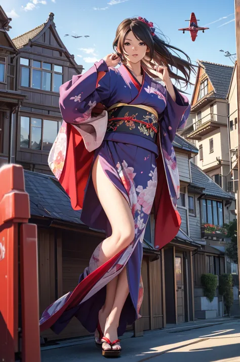 1woman,((((fullbody image)))),red kimono,((((flying)))),(((((flying over houses))))),huge hair,jumping(best quality,4k,8k,highre...