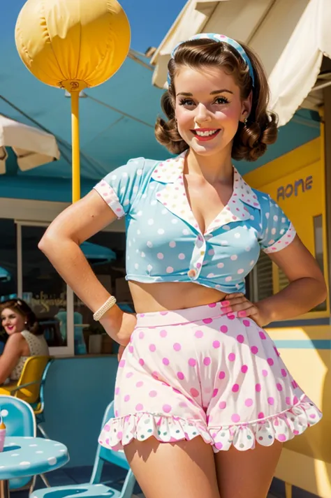 photo of a brunette pinup holding a big lolipop beautiful smile beautiful cafe retro bright light colors pastel mini skirt with ...