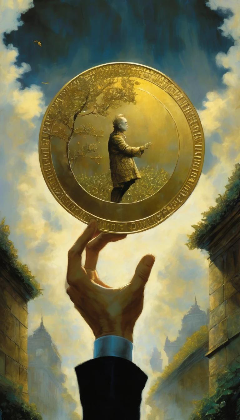 Over a leafy garden, a hand emerges from a cloud carrying a giant gold coin.(art inspired by Dave Mckean, intricate details, oil painting)
