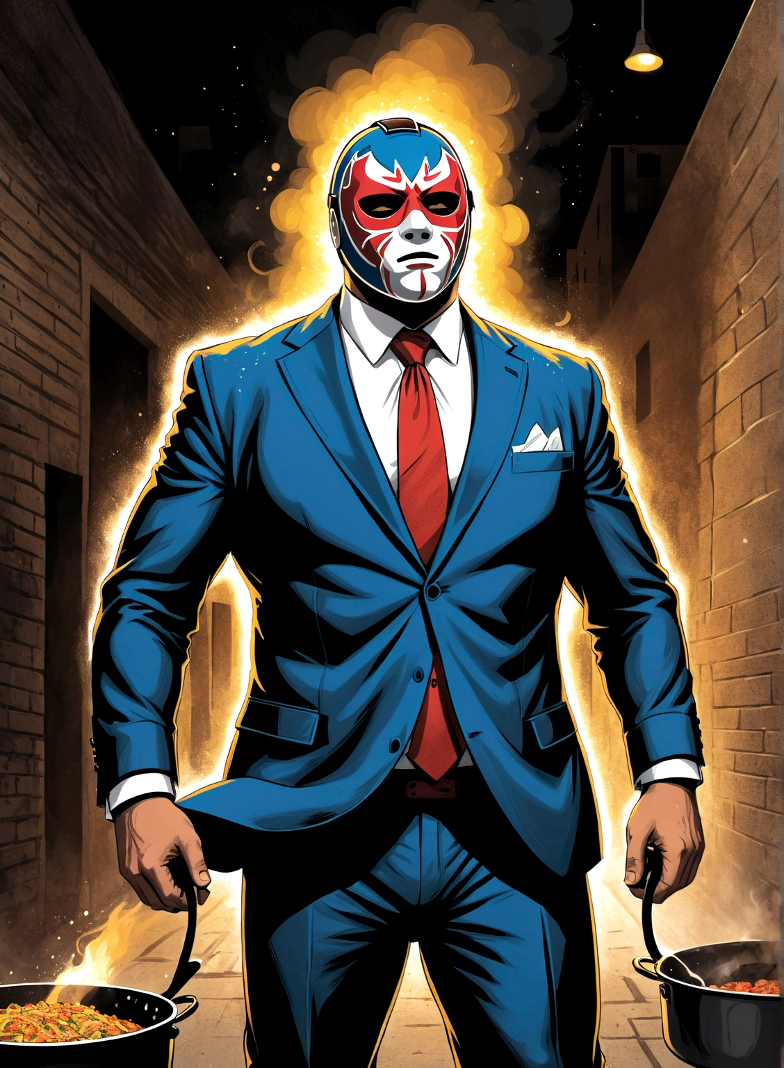 Minimalistic comic artwork of a large man in a business suit, wearing a wrestling mask, cooking in a dark alley, looking back at the camera, crosshatching, 2D, Sharp, Detailed, HD, HDR, High Quality, High Resolution, Masterpiece, single panel