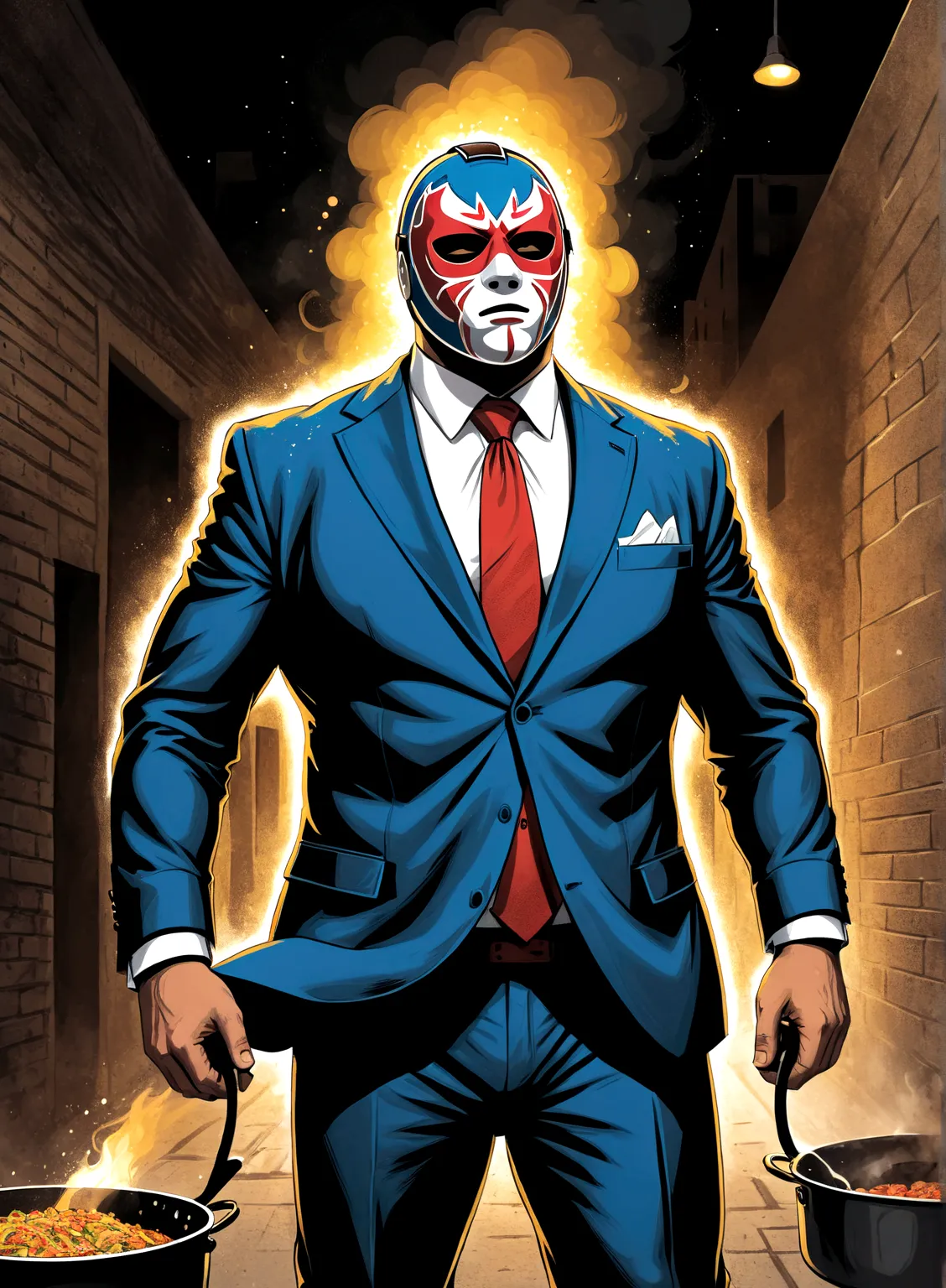Minimalistic comic artwork of a large man in a business suit, wearing a wrestling mask, cooking in a dark alley, looking back at...
