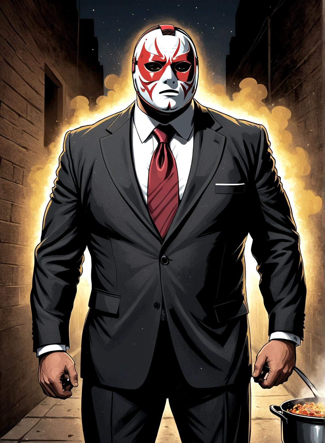Minimalistic comic artwork of a large man in a business suit, wearing a wrestling mask, cooking in a dark alley, looking back at the camera, crosshatching, 2D, Sharp, Detailed, HD, HDR, High Quality, High Resolution, Masterpiece, single panel