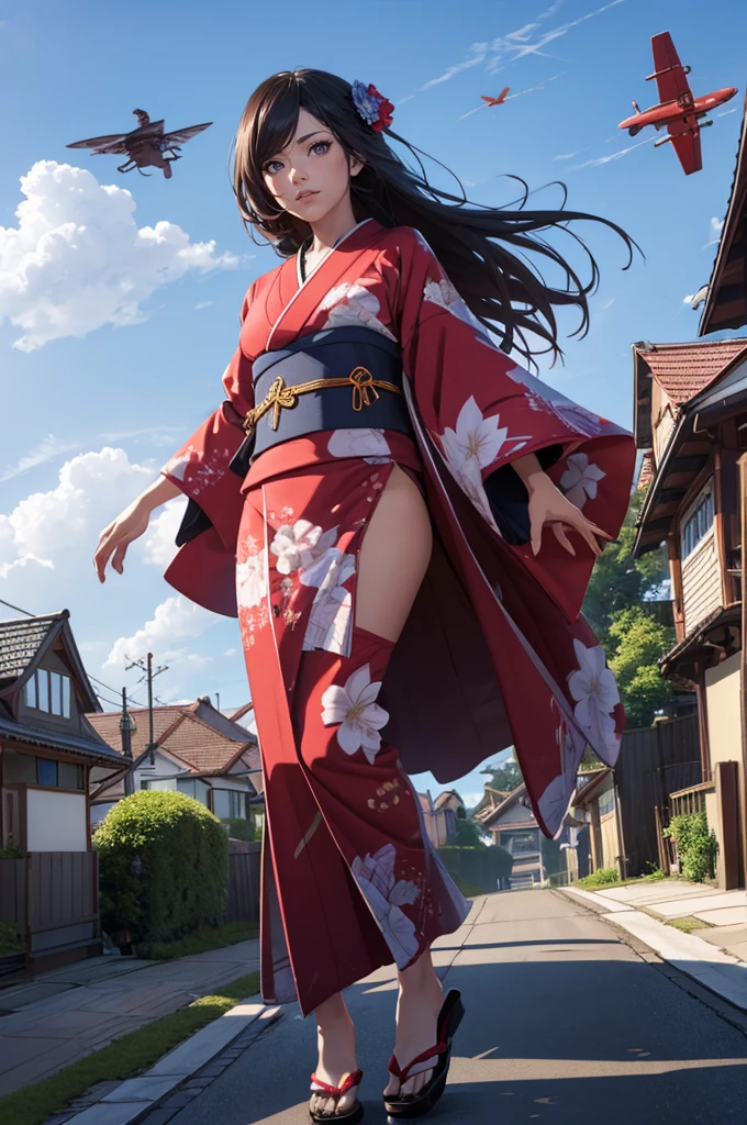 1woman,((((fullbody image)))),red kimono,((((flying)))),(((((flying over houses))))),huge hair,jumping(best quality,4k,8k,highres,masterpiece:1.2),ultra-detailed,(realistic,photorealistic,photo-realistic:1.37),detailed face,beautiful eyes,elegant pose,intricate kimono patterns,flowing hair,dramatic lighting,cinematic composition,vibrant colors,fantasy,digital art
