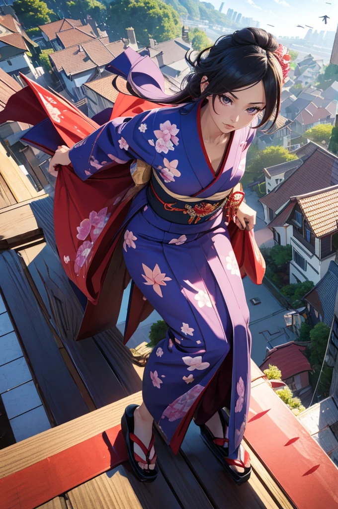 1woman,((((fullbody image)))),red kimono,((((flying)))),(((((flying over houses))))),huge hair,jumping(best quality,4k,8k,highres,masterpiece:1.2),ultra-detailed,(realistic,photorealistic,photo-realistic:1.37),detailed face,beautiful eyes,elegant pose,intricate kimono patterns,flowing hair,dramatic lighting,cinematic composition,vibrant colors,fantasy,digital art
