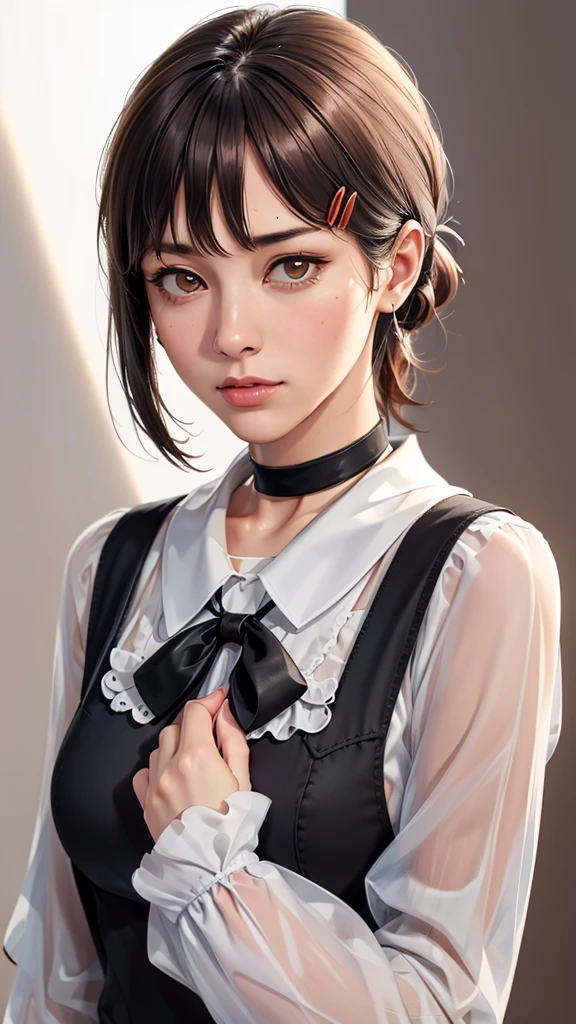 (（（Perfect body,White and tender skin,（（（black dress, pinafore dress, sleeveless dress, white shirt, black ribbon, neck ribbon, long sleeves, black choker，）））,（（（Kobeni Higashiyama, black hair, hair ornament, hairclip, ponytail, short hair, (brown eyes:1.5),）））,((masterpiece)),highres,((Best quality at best)),masterpiece,quality,Best quality,(（（ Exquisite facial features,Looking at the audience,There is light in the eyes,(（（frown，Wronged））），Look up）））,（（（Light and shadow,Huge breasts,）））,（（（Looking at the camera,White background)））)