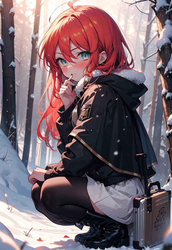 Shana,灼眼のShana,Long Hair, Redhead, Red eyes,Ahoge,,smile,blush,White Breath,
Open your mouth,snow,Ground bonfire, Outdoor, boots, snowing, From the side, wood, suitcase, Cape, Blurred, , forest, White handbag, nature,  Squat, Mouth closed, Cape, winter, Written boundary depth, Black shoes, red Cape break looking at viewer, Upper Body, whole body, break Outdoor, forest, nature, break (masterpiece:1.2), Highest quality, High resolution, unity 8k wallpaper, (shape:0.8), (Beautiful and beautiful eyes:1.6), Highly detailed face, Perfect lighting, Highly detailed CG, (Perfect hands, Perfect Anatomy),