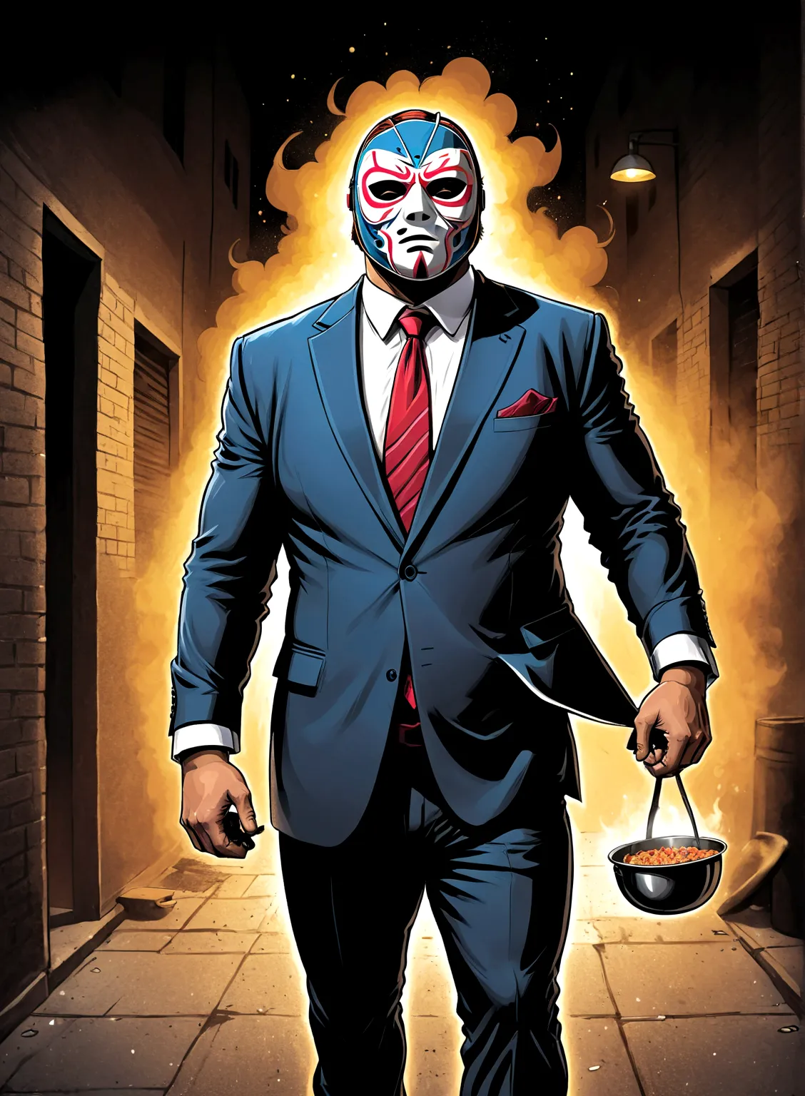 Minimalistic caricature comic artwork of a large man in a business suit, wearing a wrestling mask, cooking in a dark alley, look...