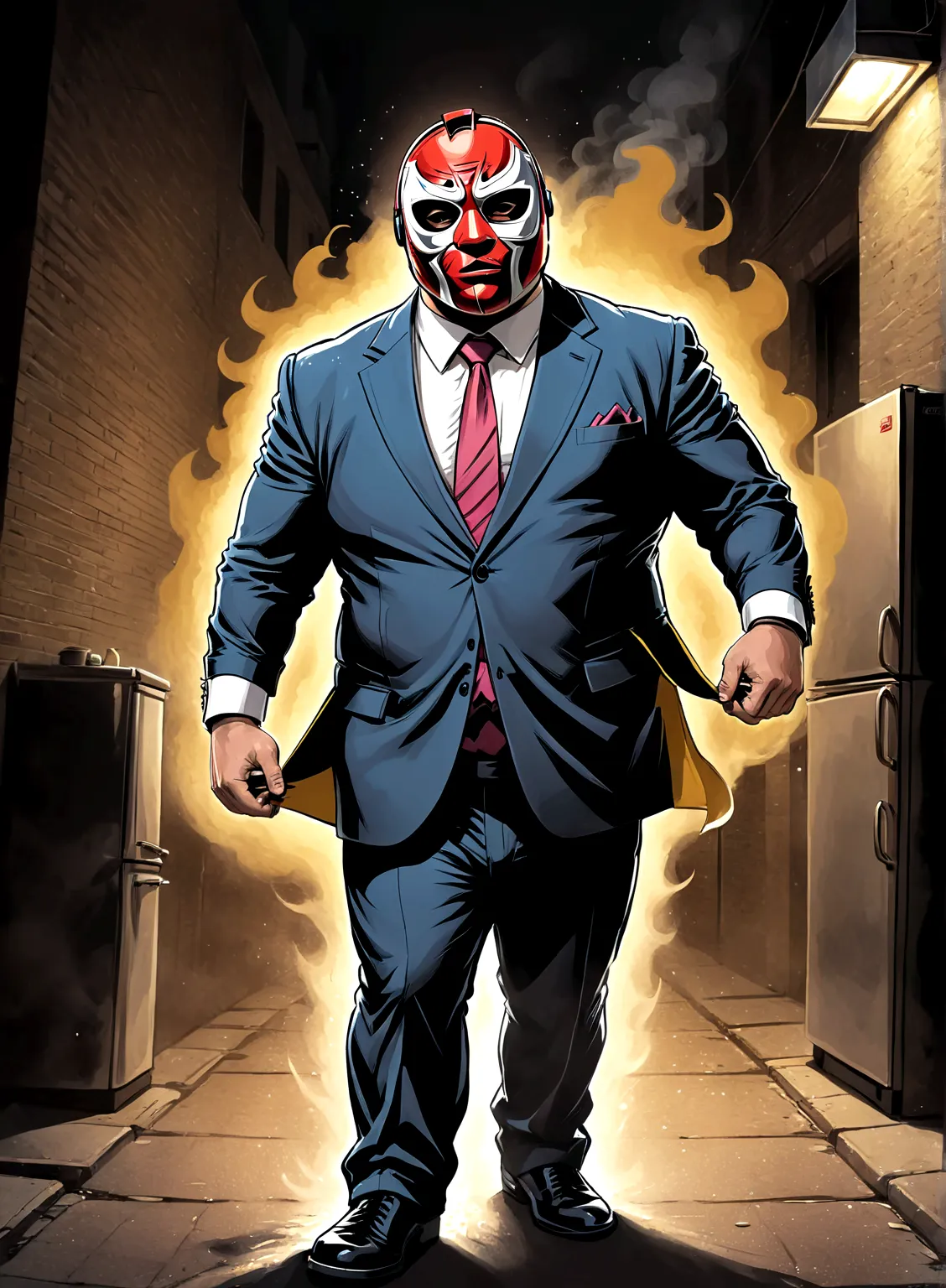 Minimalistic caricature comic artwork of a large man in a business suit, wearing a wrestling mask, cooking in a dark alley, look...