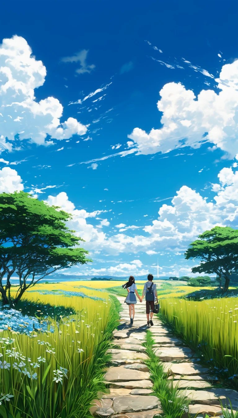 two young couples walking through a camco with hier and daisy flowers, seeing a vast blue sky with fluffy clouds and brush strokes , tall grasses stones, , makoto shinkai cyril rolando, anime art wallpaper 4k, anime art wallpaper 4k, animated background, anime art wallpaper 8K, animated background art, Anime Landscape Wallpaper, amazing wallpaper, HD wallpaper, 4k anime wallpaper, 4k anime wallpaper, Aries Moross art,art by Bob Byerley , AshleyWoodArtAI, greg rutkowski