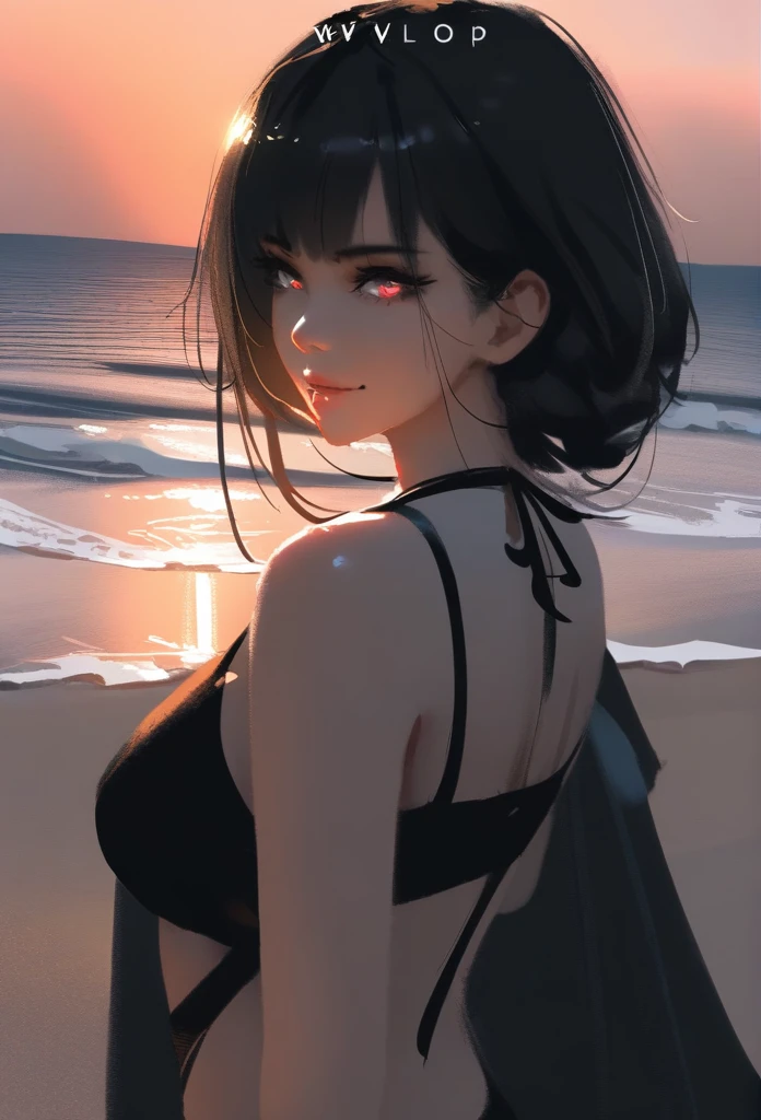 1girl, solo, wlop,
Black hair, gradient eyes, black cloak, black bikini, seductive smile, 
beach, sunset, 
masterpiece, best quality,