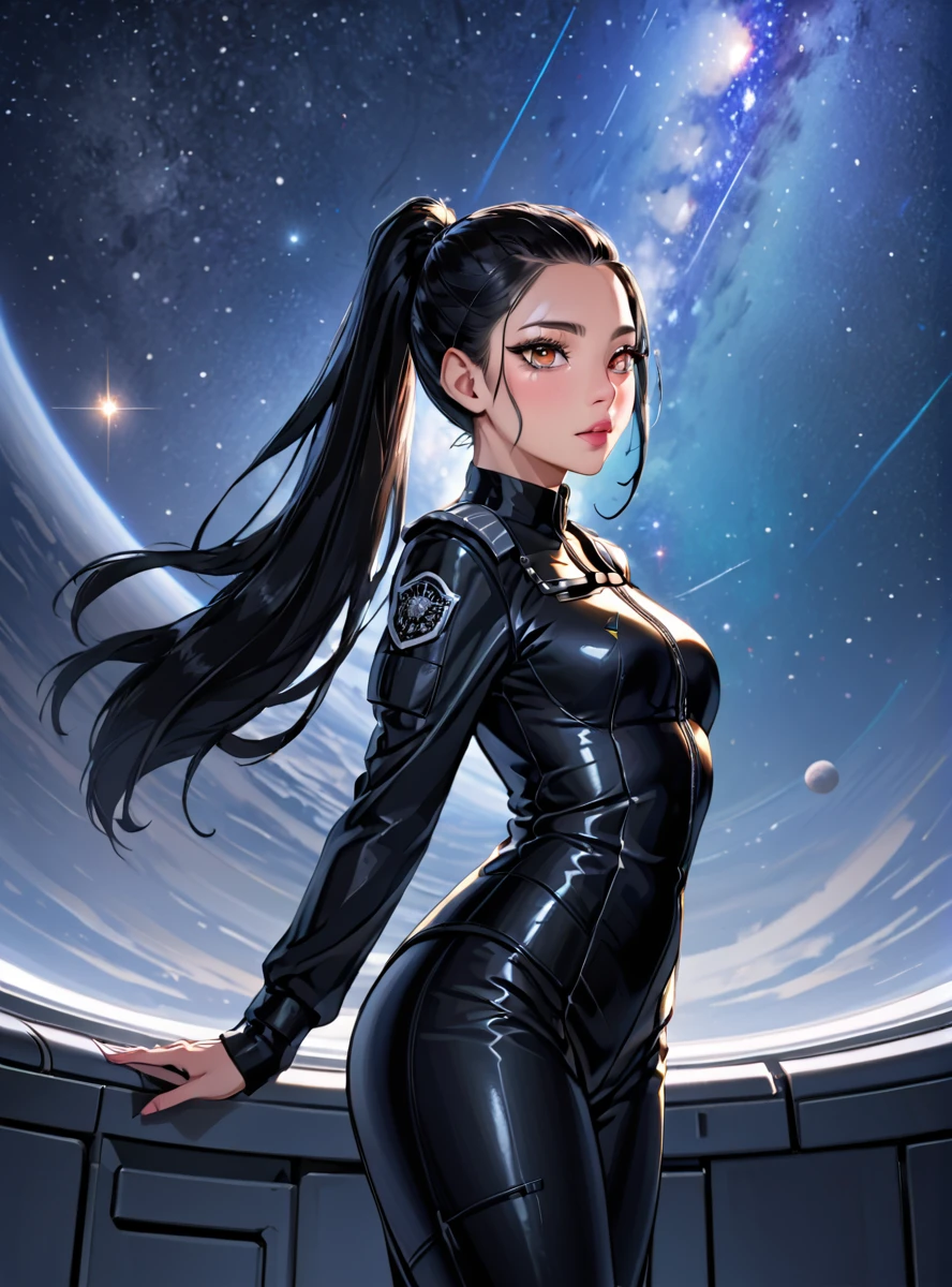 a beautiful female soldier named Lin Wei, standing on a spaceship with a vast expanse of space filled with twinkling stars as the backdrop. Lin Wei has long, shiny black hair tied in a high ponytail, black sparkling eyes,She is wearing a perfectly fitting black military uniform that highlights her strength and elegance, along with high boots. Lin Wei looks directly at the camera with confidence and grace. The background should convey the grandeur and vastness of the universe."
