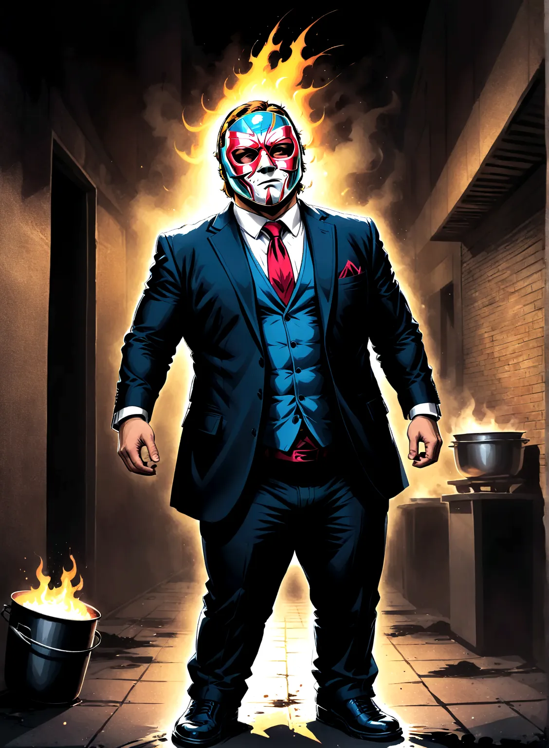 Minimalistic comic artwork of a large man in a business suit, wearing a wrestling mask, cooking in a dark alley, looking back at...