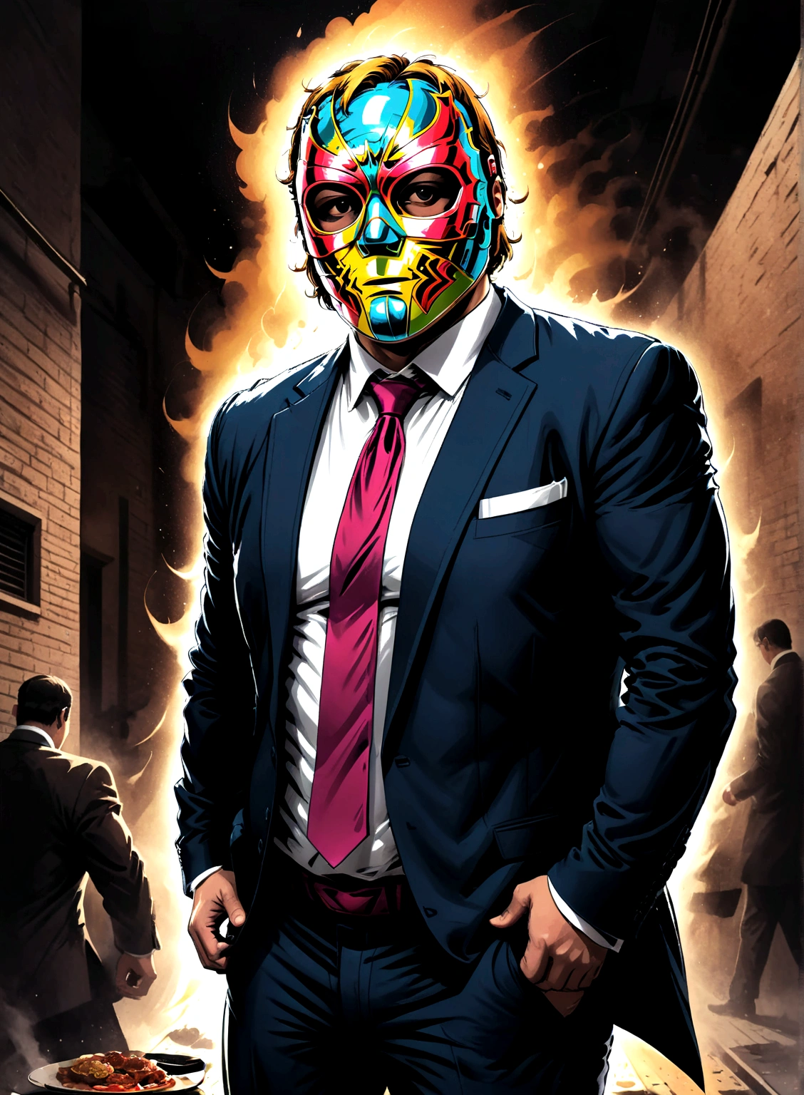 Minimalistic comic artwork of a large man in a business suit, wearing a wrestling mask, cooking in a dark alley, looking back at the camera, crosshatching, 2D, Sharp, Detailed, HD, HDR, High Quality, High Resolution, Masterpiece, single panel