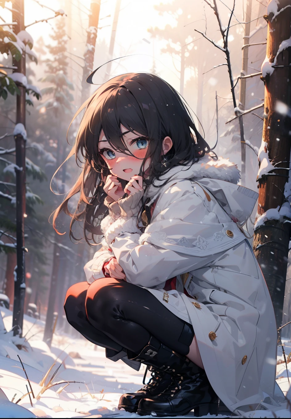 Shana,Shakugan pas Shana,cheveux longs, Roux, les yeux rouges,ahogé,,sourire,rougir,souffle blanc,
Ouvrez la bouche,neige,Feu de joie au sol, Extérieur, bottes, neigeing, Du côté, bois, valise, cap, Flou, , forêt, Sac à main blanc, nature,  s&#39;accroupir, Bouche fermée, cap, hiver, Profondeur de la limite écrite, Chaussures noires, red cap casser looking at viewer, Haut du corps, tout le corps, casser Extérieur, forêt, nature, casser (chef-d&#39;œuvre:1.2), la plus haute qualité, haute résolution, unité 8k fond d&#39;écran, (forme:0.8), (De beaux et beaux yeux:1.6), Visage très détaillé, éclairage parfait, CG très détaillé, (des mains parfaites, Anatomie parfaite),