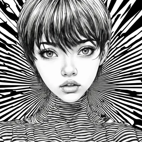 Draw a black and white illustration in gothic manga style. The image must show the face of a teenager with a serious expression,...