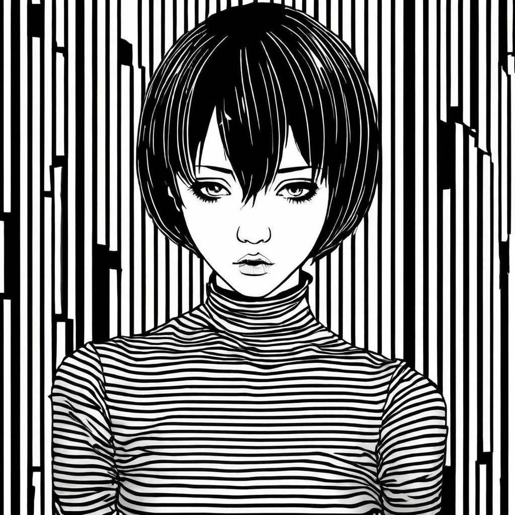 Draw a black and white illustration in gothic manga style. The image must show the face of a teenager with a serious expression, short black hair, vestindo um terno. Only the neck upwards should be visible. The background should have crooked black and white stripes to create a distorted and dynamic effect.