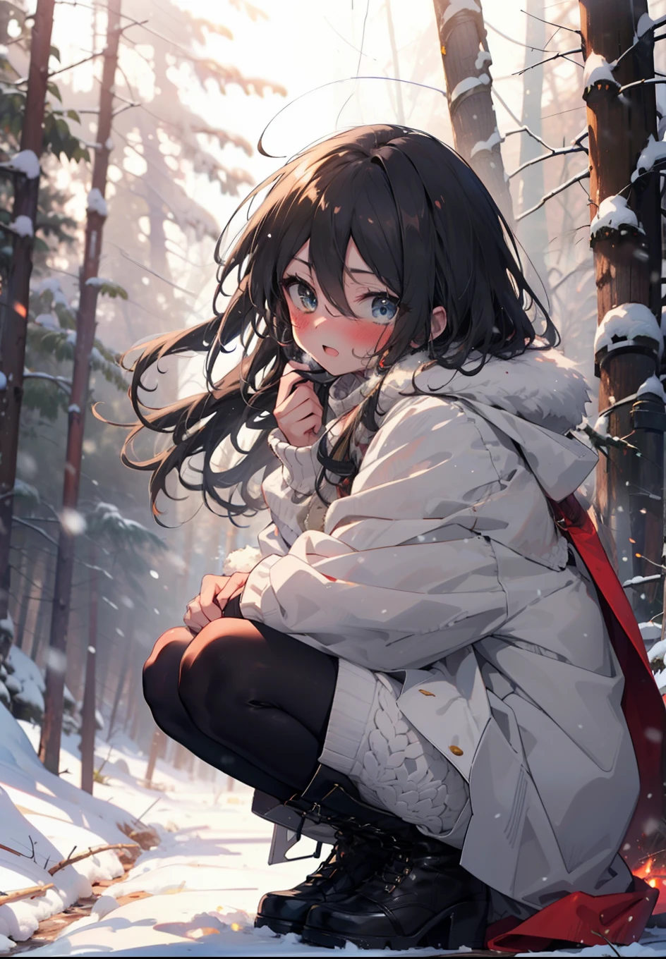 Shana,灼眼のShana,Long Hair, Redhead, Red eyes,Ahoge,,smile,blush,White Breath,
Open your mouth,snow,Ground bonfire, Outdoor, boots, snowing, From the side, wood, suitcase, Cape, Blurred, , forest, White handbag, nature,  Squat, Mouth closed, Cape, winter, Written boundary depth, Black shoes, red Cape break looking at viewer, Upper Body, whole body, break Outdoor, forest, nature, break (masterpiece:1.2), Highest quality, High resolution, unity 8k wallpaper, (shape:0.8), (Beautiful and beautiful eyes:1.6), Highly detailed face, Perfect lighting, Highly detailed CG, (Perfect hands, Perfect Anatomy),