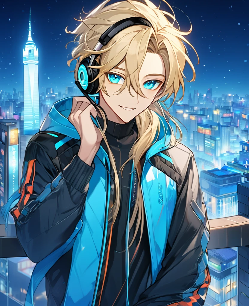  (Blonde_hair),(long_male_hair), (cyan_vibrant_eyes), (detailed_eyes), (warm_smile), (attractive), (background_colorful_night_city), (male), (detailed_Hair), (detailed), (wears_19's_outfit), (uses_headphones)