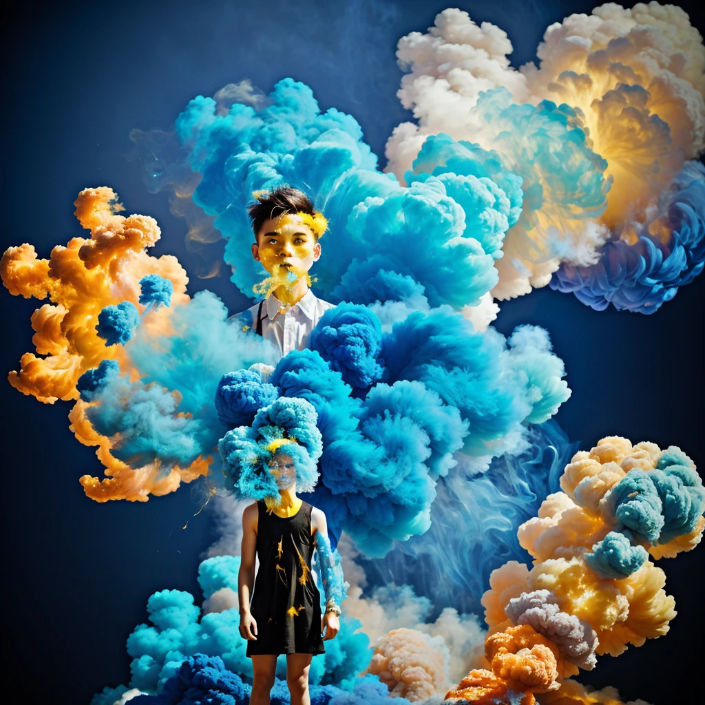 1 男人很帥 ,彩色煙霧背景,淺藍色洋裝,常設,上半身,爆炸煙霧,黃色背景,看著觀眾,头_向下,