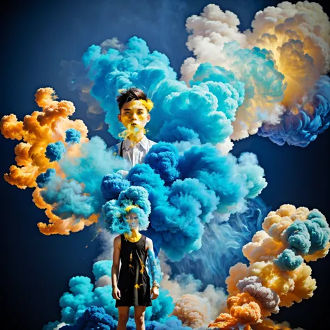 1Man handsome ,Colored smoke background,light blue dress,standing,upper body,Explosion smoke,yellow background,looking at the vi...