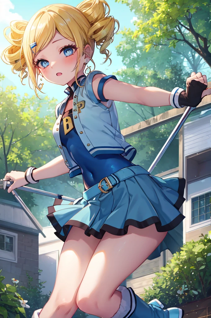 ppgzbb, blue eyes, Blonde, Twin Drill, Hair Clip, Earrings, Best, Blue leotard，Blue Skirt, Short skirt, boots, Are standing, forest 