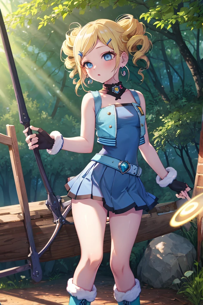 ppgzbb, blue eyes, Blonde, Twin Drill, Hair Clip, Earrings, Best, Blue leotard，Blue Skirt, Short skirt, boots, Are standing, forest 