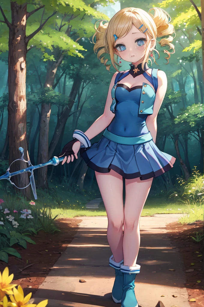 ppgzbb, blue eyes, Blonde, Twin Drill, Hair Clip, Earrings, Best, Blue leotard，Blue Skirt, Short skirt, boots, Are standing, forest 